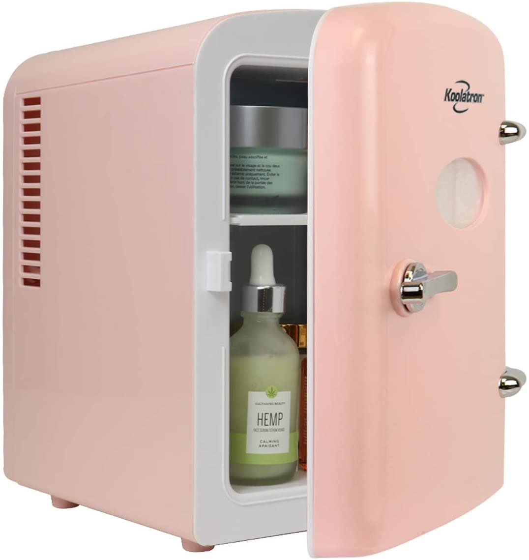 Koolatron Retro Mini Fridge for Bedroom Skincare Cosmatic Office Small Refrigerator Dorm Fridge 4L Compact Mini Refrigerator Personal Cooler Pink Ideal for Bedroom Travel and Beauty